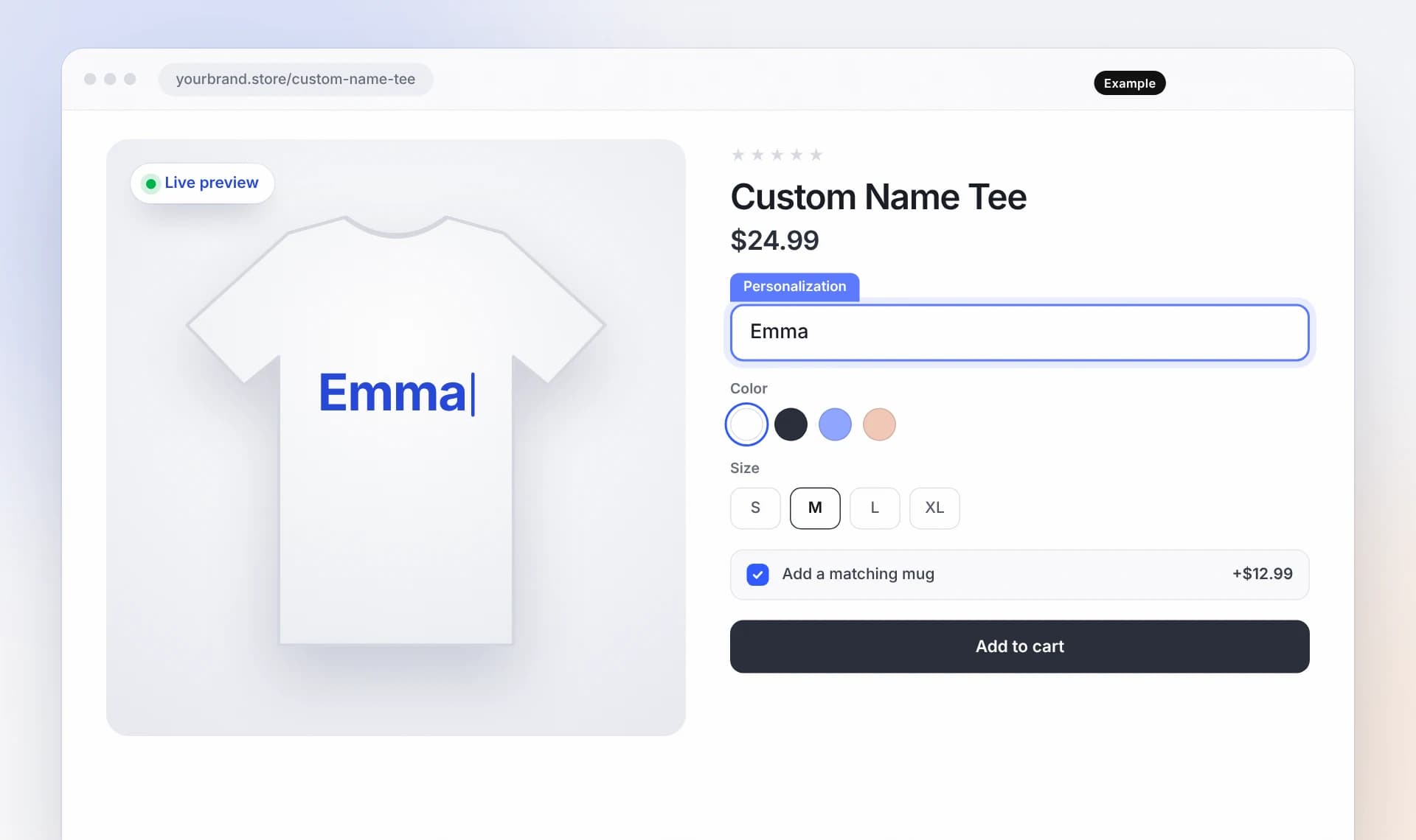 Example print-on-demand product page with a live personalization preview on a T-shirt and a matching mug upsell